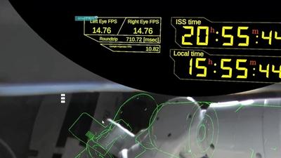 A white metal robotic arm belonging to space robot GITAI G1 being teleoperated, with superimposed data overlays showing a virtual arm and other information.