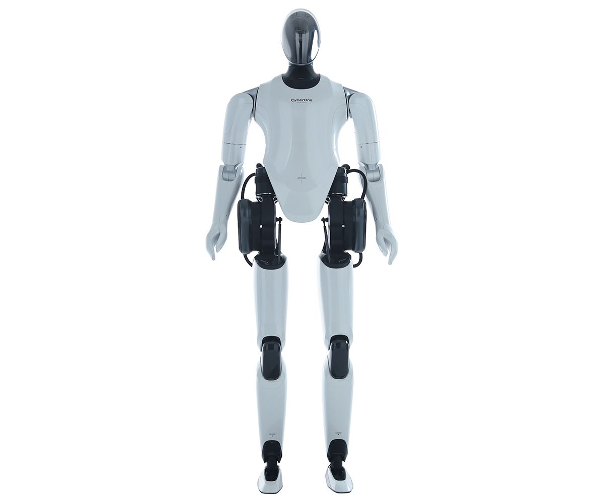 A 360° spinning view of a white and black bipedal humanoid robot with a helmeted face.