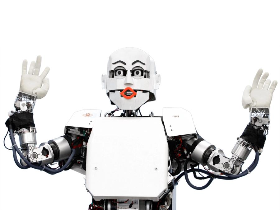 A white-shelled humanoid with an expressive face including pink lips, black eyebrows and eyeballs, controlled by motors. It throws it's arms up to the sides in a gesture of surprise.