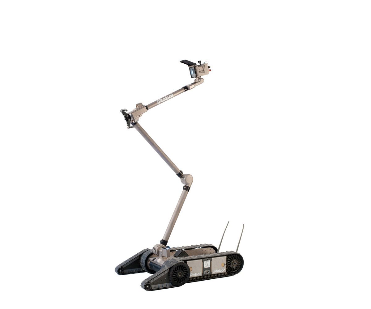 Rotating view of a mobile robot base with large tracked wheels and a tall, multi-jointed arm which has a gripper hand at one joint, and a camera system at the end.