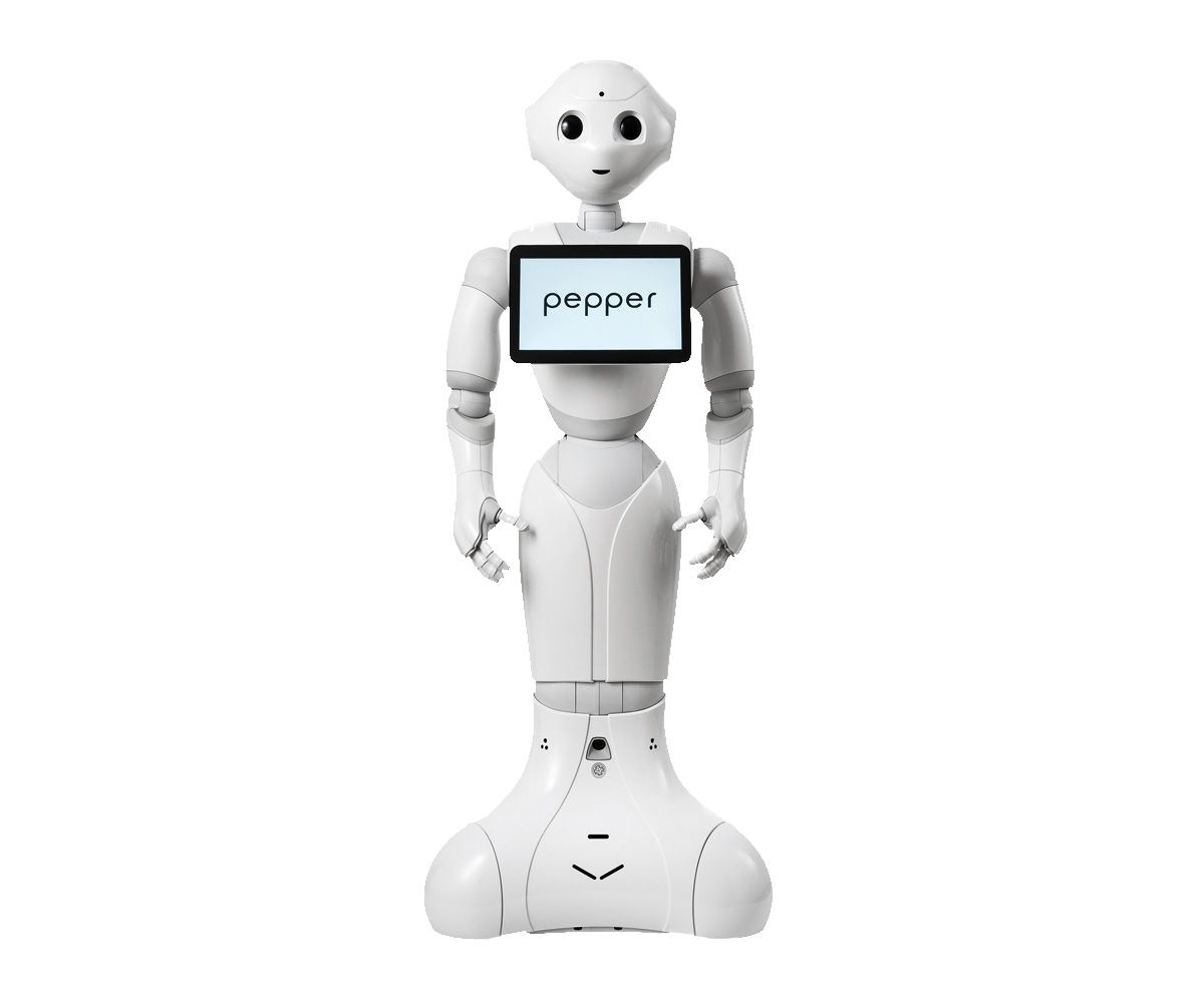 A rotating view of a friendly white humanoid robot with a mobile base, simple smiling face, and a tablet on its chest that says pepper.