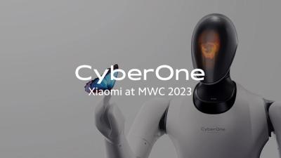 Computer generated rendering shows a humanoid robot with a white torso and dark head holds its right arm up while a blue butterfly lands on its hand.