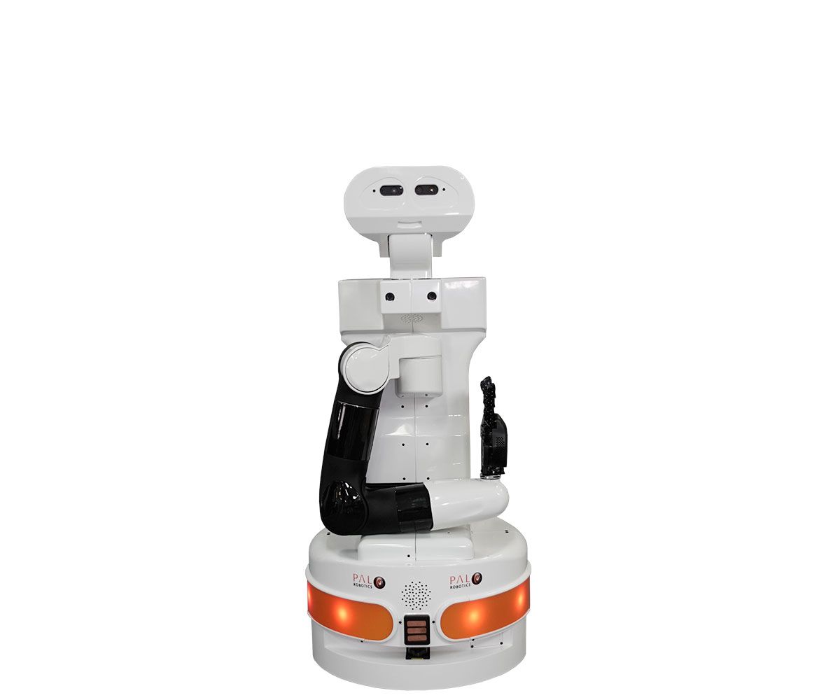 A rotating view a mobile robot on a wheeled base, with an accordion torso that goes up and down, a white face with two camera eyes, and a single industrial arm which has a five finger hand on the end.