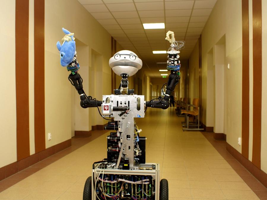 An expressive robot appears to be moaning towards the sky as it has both hands thrown upward, one of which holds a stuffed shark.