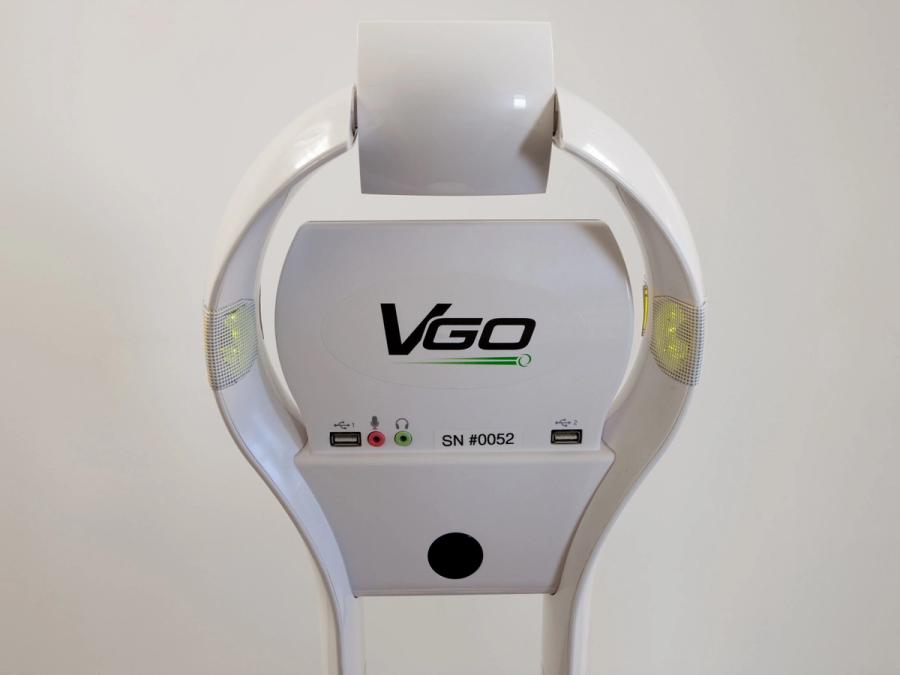 A rear view of the VGo shows its simple frame.