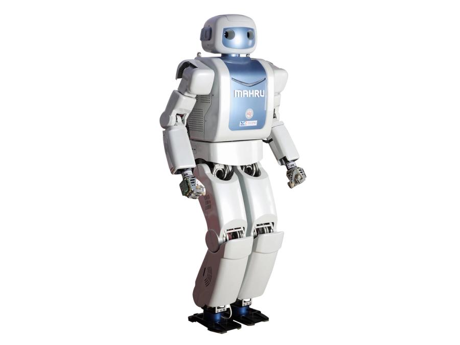 A standing white bipedal robot with a blue faceplate and torso, labelled MAHRU.