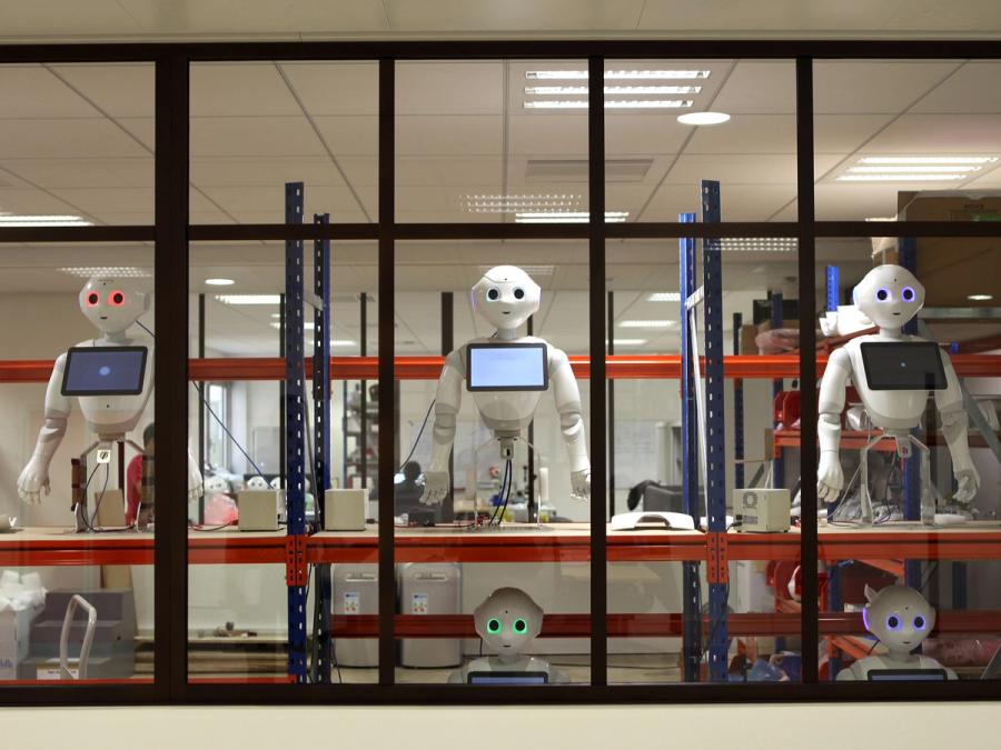 Shelves with multiple Pepper torsos and heads are seen through a window.